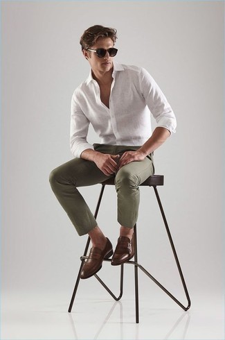 Men's White Linen Long Sleeve Shirt, Olive Chinos, Brown Leather Loafers, Dark Brown Sunglasses