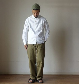 Men's White Long Sleeve Shirt, Olive Chinos, Charcoal Canvas Sandals, Olive Flat Cap