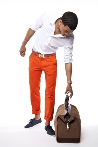 Men's White Long Sleeve Shirt, Orange Chinos, Navy Canvas Low Top Sneakers, Tan Leather Belt