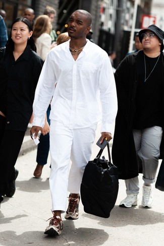 Men's White Long Sleeve Shirt, White Chinos, Beige Athletic Shoes, Black Leather Holdall