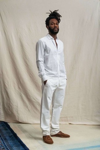 White Long Sleeve Shirt Outfits For Men: A white long sleeve shirt and white chinos are a great pairing that will take you throughout the day and into the night. To give your outfit a dressier vibe, add a pair of brown suede loafers to your ensemble.