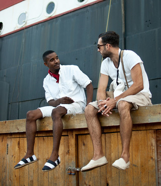 White Canvas Espadrilles Outfits For Men: Such items as a white long sleeve shirt and white shorts are the ideal way to introduce subtle dapperness into your day-to-day repertoire. If you're not sure how to round off, add a pair of white canvas espadrilles to the equation.