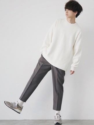 Men's White Long Sleeve T-Shirt, Charcoal Chinos, Grey Athletic Shoes, White Socks