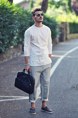 Men's White Long Sleeve T-Shirt, Grey Chinos, | Men's Fashion