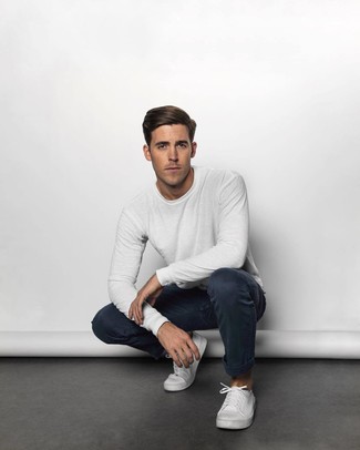 Men's White Long Sleeve T-Shirt, Navy Chinos, White Canvas Low Top Sneakers
