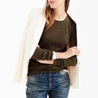 Olive Crew-neck Sweater Fall Outfits For Women: 