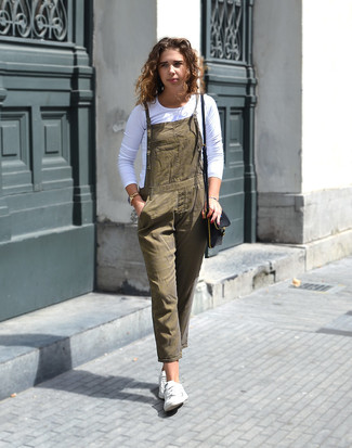Women's White Long Sleeve T-shirt, Olive Overalls, White Low Top Sneakers, Black Leather Crossbody Bag