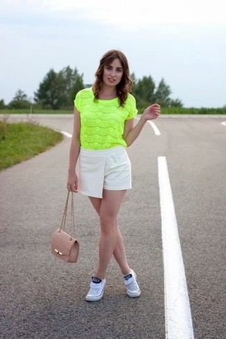 Women's Pink Leather Crossbody Bag, White Low Top Sneakers, Beige Shorts, Green-Yellow Lace Short Sleeve Blouse