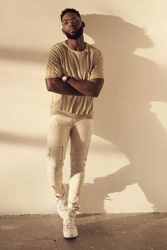 Beige Ripped Skinny Jeans Outfits For Men: 