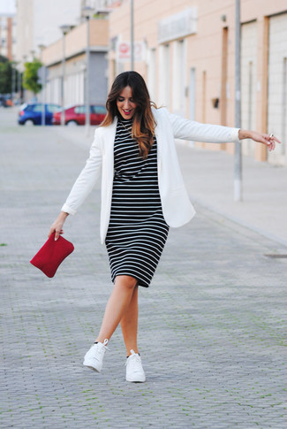 Women's Red Suede Clutch, White Low Top Sneakers, Black and White Horizontal Striped Casual Dress, White Blazer