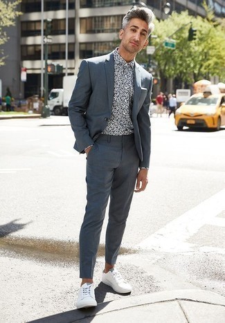 Men's White Pocket Square, White Canvas Low Top Sneakers, Black and White Floral Dress Shirt, Grey Suit