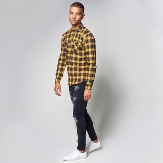 Men's White Low Top Sneakers, Black Ripped Skinny Jeans, Yellow Plaid Flannel Long Sleeve Shirt