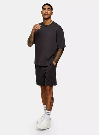 White and Black Horizontal Striped Socks Outfits For Men: 
