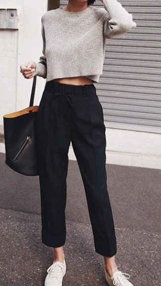 Women's Black Leather Tote Bag, White Canvas Low Top Sneakers, Black Tapered Pants, Grey Cropped Sweater