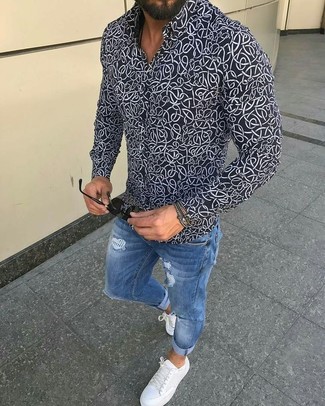 Men's Black Sunglasses, White Leather Low Top Sneakers, Blue Ripped Skinny Jeans, Black and White Print Dress Shirt