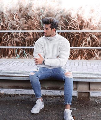 Men's Silver Watch, White Leather Low Top Sneakers, Blue Ripped Skinny Jeans, White Knit Turtleneck