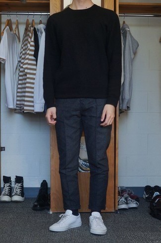 Men's Black Socks, White Leather Low Top Sneakers, Charcoal Wool Chinos, Black Crew-neck Sweater