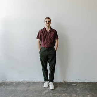 Dark Green Chinos with White Leather Low Top Sneakers Outfits: 