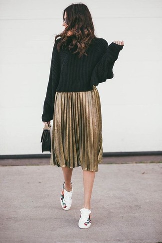 Women's Black Leather Clutch, White Floral Low Top Sneakers, Gold Pleated Midi Skirt, Black Knit Turtleneck