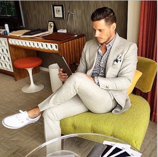 Men's White and Black Print Pocket Square, White Low Top Sneakers, Grey Print Long Sleeve Shirt, Beige Suit