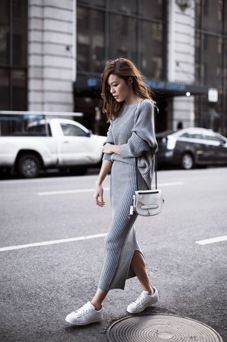 Women's White Leather Crossbody Bag, White Leather Low Top Sneakers, Grey Knit Midi Skirt, Grey Crew-neck Sweater