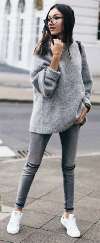 Women's White Low Top Sneakers, Grey Ripped Skinny Jeans, Grey Oversized Sweater
