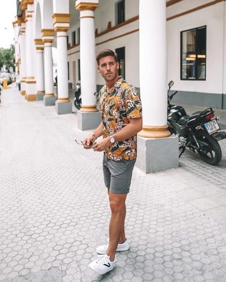Men's Tan Leather Watch, White Leather Low Top Sneakers, Grey Shorts, Yellow Floral Short Sleeve Shirt