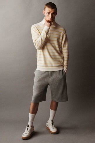 White Horizontal Striped Polo Neck Sweater Outfits For Men: 