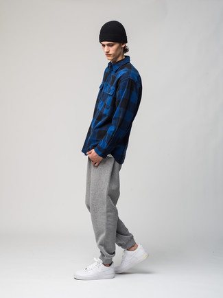 Men's Black Beanie, White Leather Low Top Sneakers, Grey Sweatpants, Navy Gingham Long Sleeve Shirt