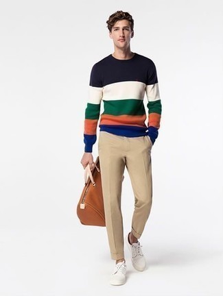 Men's Tan Leather Duffle Bag, White Canvas Low Top Sneakers, Khaki Chinos, Multi colored Horizontal Striped Crew-neck Sweater