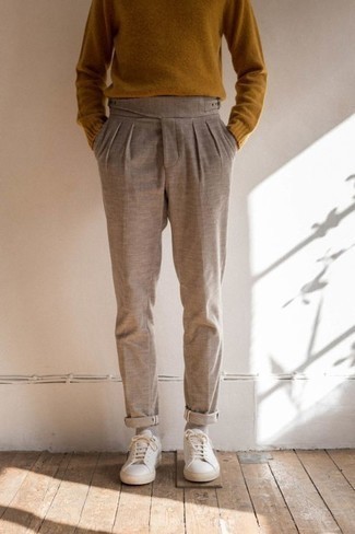 Tobacco Crew-neck Sweater with Chinos Outfits: 