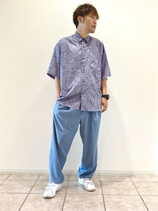 Light Violet Print Short Sleeve Shirt Outfits For Men: 