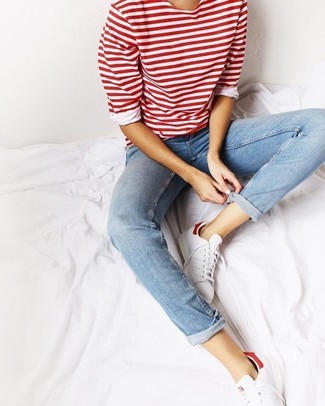 Red Horizontal Striped Long Sleeve T-shirt Outfits For Women: 