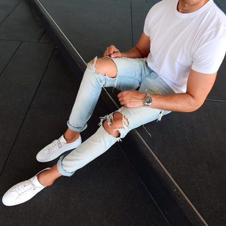 Men's Silver Watch, White Leather Low Top Sneakers, Light Blue Ripped Jeans, White Crew-neck T-shirt