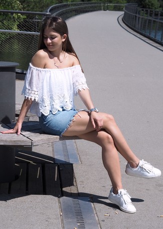 Women's Silver Watch, White Fringe Leather Low Top Sneakers, Light Blue Denim Mini Skirt, White Lace Off Shoulder Top