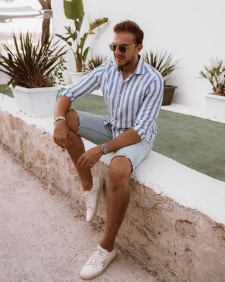 Men's Olive Sunglasses, White Leather Low Top Sneakers, Light Blue Denim Shorts, White and Blue Vertical Striped Long Sleeve Shirt
