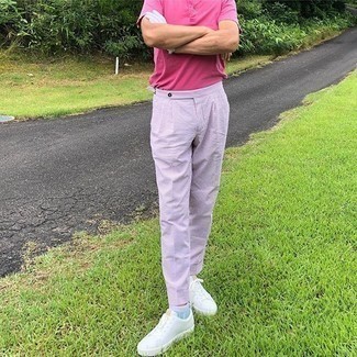 Men's Light Blue No Show Socks, White Canvas Low Top Sneakers, Light Violet Chinos, Hot Pink Polo