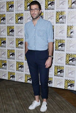 Zachary Quinto wearing White Low Top Sneakers, Navy Chinos, Light Blue Chambray Long Sleeve Shirt
