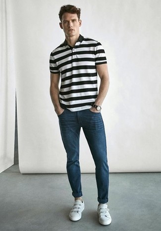 White and Black Horizontal Striped Polo Outfits For Men: 