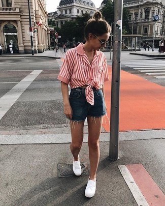 Women's White Low Top Sneakers, Navy Denim Shorts, Red Vertical Striped Short Sleeve Button Down Shirt