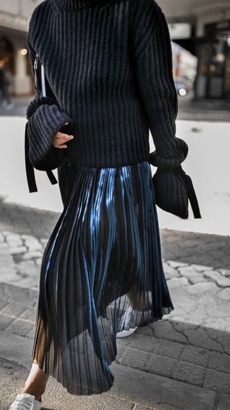 Women's Black Leather Clutch, White Leather Low Top Sneakers, Navy Pleated Midi Skirt, Black Knit Turtleneck