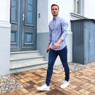 Men's White Low Top Sneakers, Navy Ripped Skinny Jeans, Light Blue Long Sleeve Shirt