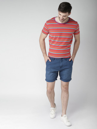 Burgundy Horizontal Striped Crew-neck T-shirt Outfits For Men: 