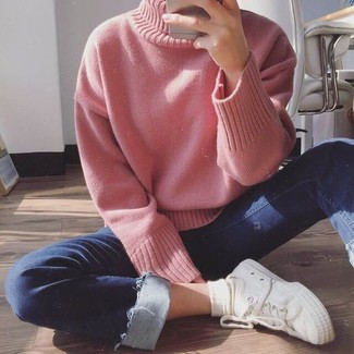 Women's White Socks, White Canvas Low Top Sneakers, Navy Skinny Jeans, Pink Knit Turtleneck