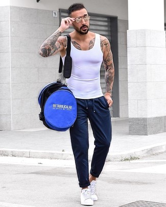 Men's Blue Duffle Bag, White Low Top Sneakers, Navy Sweatpants, White Tank