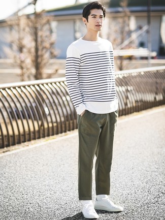 Men's White Socks, White Low Top Sneakers, Olive Chinos, White and Navy Horizontal Striped Long Sleeve T-Shirt