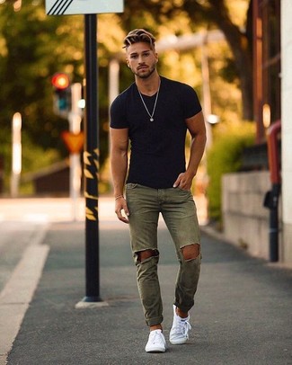 Men's White Low Top Sneakers, Olive Ripped Skinny Jeans, Black V-neck T-shirt