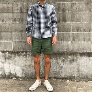 Men's Silver Watch, White Canvas Low Top Sneakers, Olive Shorts, White and Black Gingham Long Sleeve Shirt