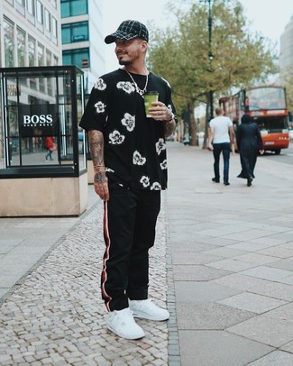 Men's Dark Green Baseball Cap, White Leather Low Top Sneakers, Red and Black Vertical Striped Sweatpants, Black and White Floral Crew-neck T-shirt