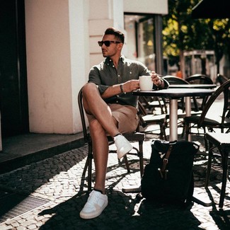 Men's Black Canvas Backpack, White Leather Low Top Sneakers, Tan Shorts, Olive Linen Long Sleeve Shirt